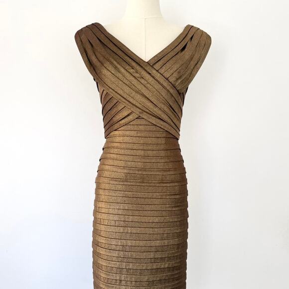 Y2K CACHE GOLD PLEATED V-NECK MIDI DRESS - Picture 1 of 6